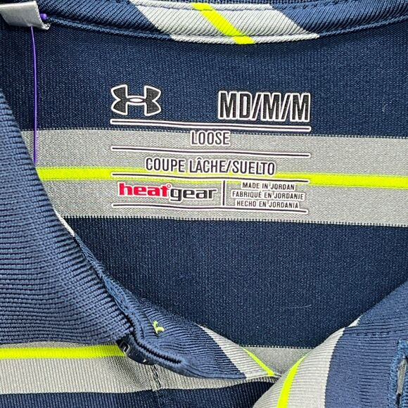 Men UA Under Armour Heatgear Short Sleeve Polo Shirt M Blue/Gray/Yellow Stripe - Picture 9 of 10